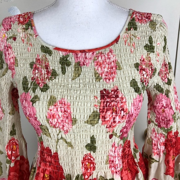 JANE & DELANCEY WOMENS FLORAL SMOCKED BELL SLEEVE PULLOVER BLOUSE TOP SZ S MULTI - Picture 2 of 7